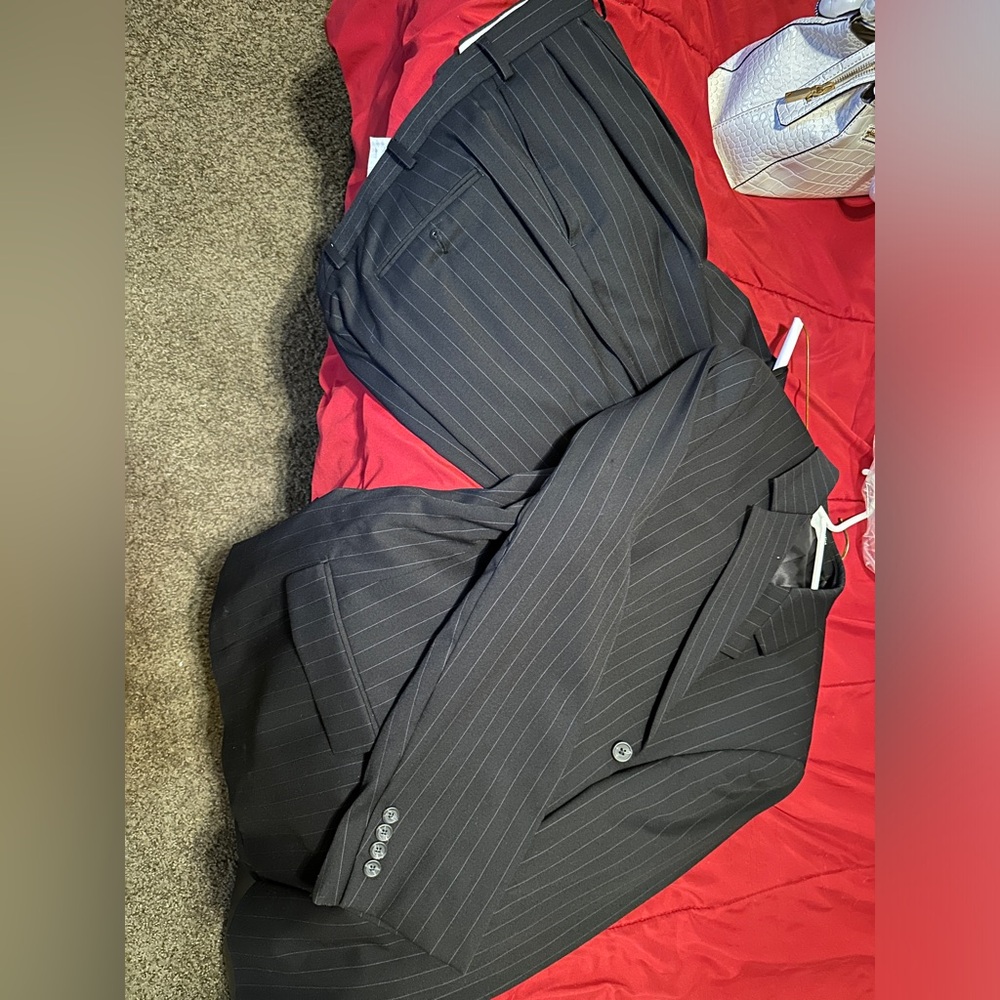 Chaps 2 piece men’s suit black with white pinstripes lines 44r